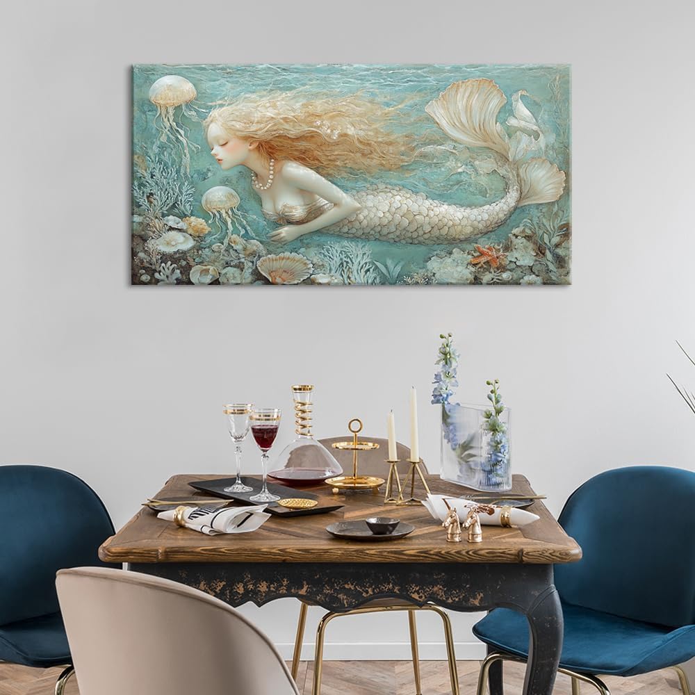 LASMOND Ocean Mermaid Wall Art for Girls Room Modern Canvas Prints Marine Organism Underwater World