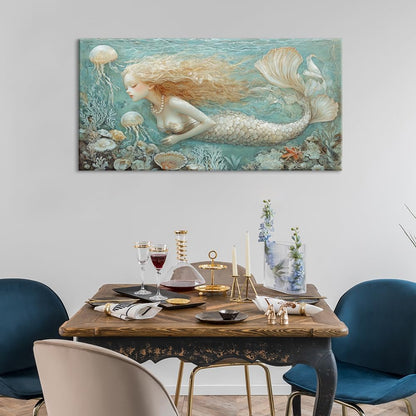 LASMOND Ocean Mermaid Wall Art for Girls Room Modern Canvas Prints Marine Organism Underwater World