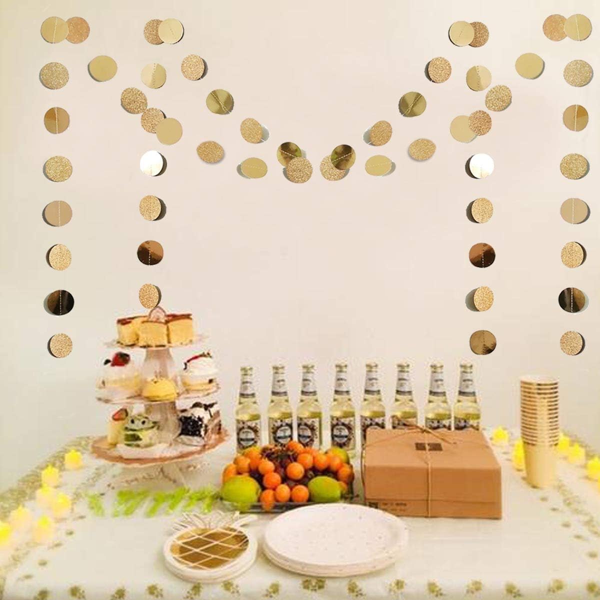 6 Pcs Glitter Champagne Gold Paper Circle Dots Garland (52 Feet) Party Hanging Bunting Birthday