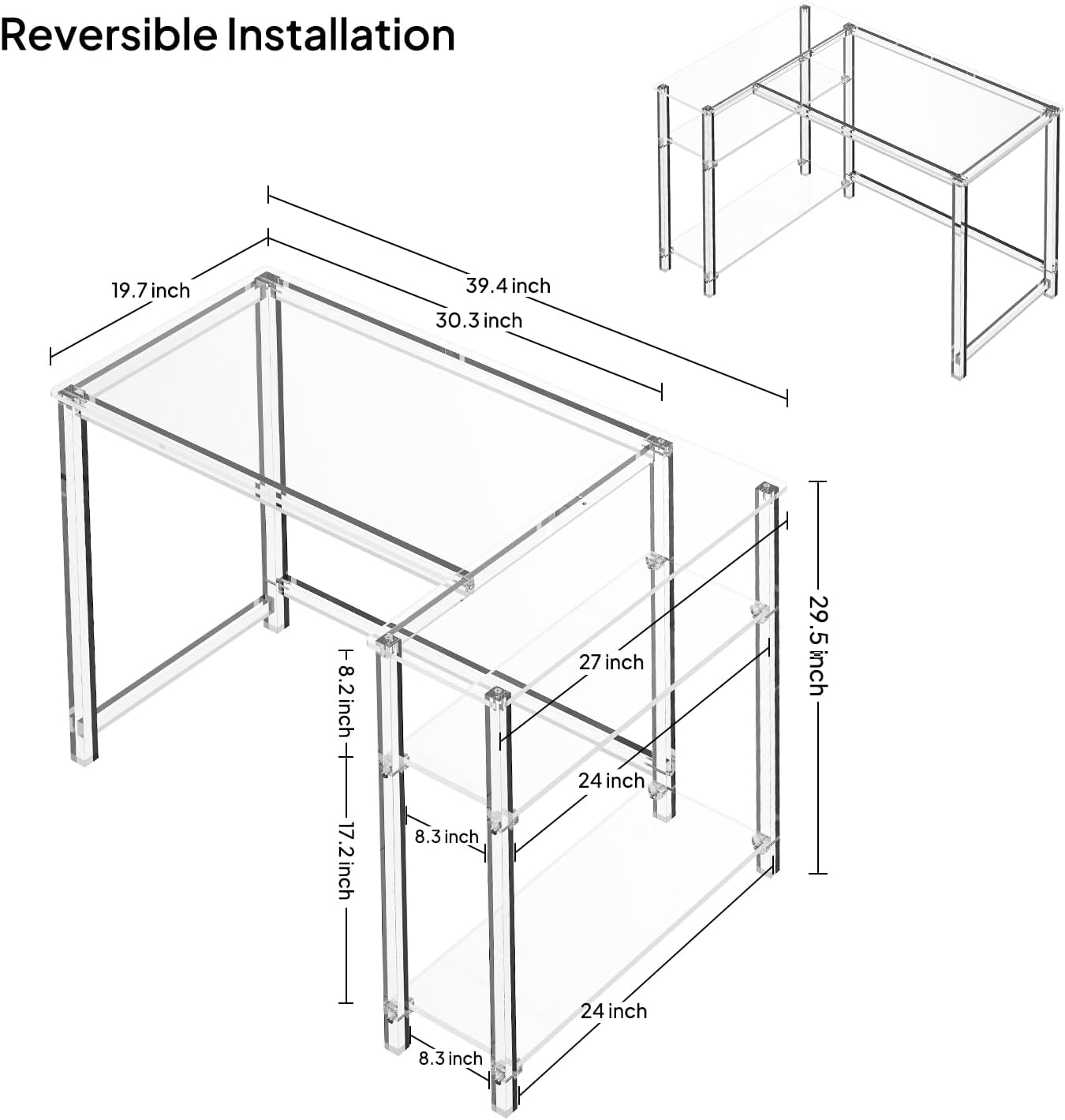 Eglaf Acrylic L-Shaped Desk - Clear Desk with Reversible Storage Shelves - Modern Home Office Desk