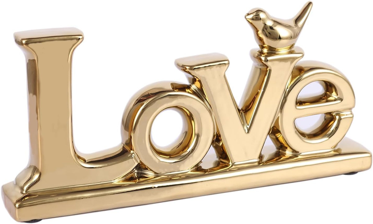 Gold Love Sign Statue - Personalized Home Decor, Bird Sculpture for Living Room, Bedroom, Desktop &