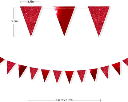 30Ft Red Party Decorations Glitter Metallic Paper Triangle Banner Flag Pennant Bunting for