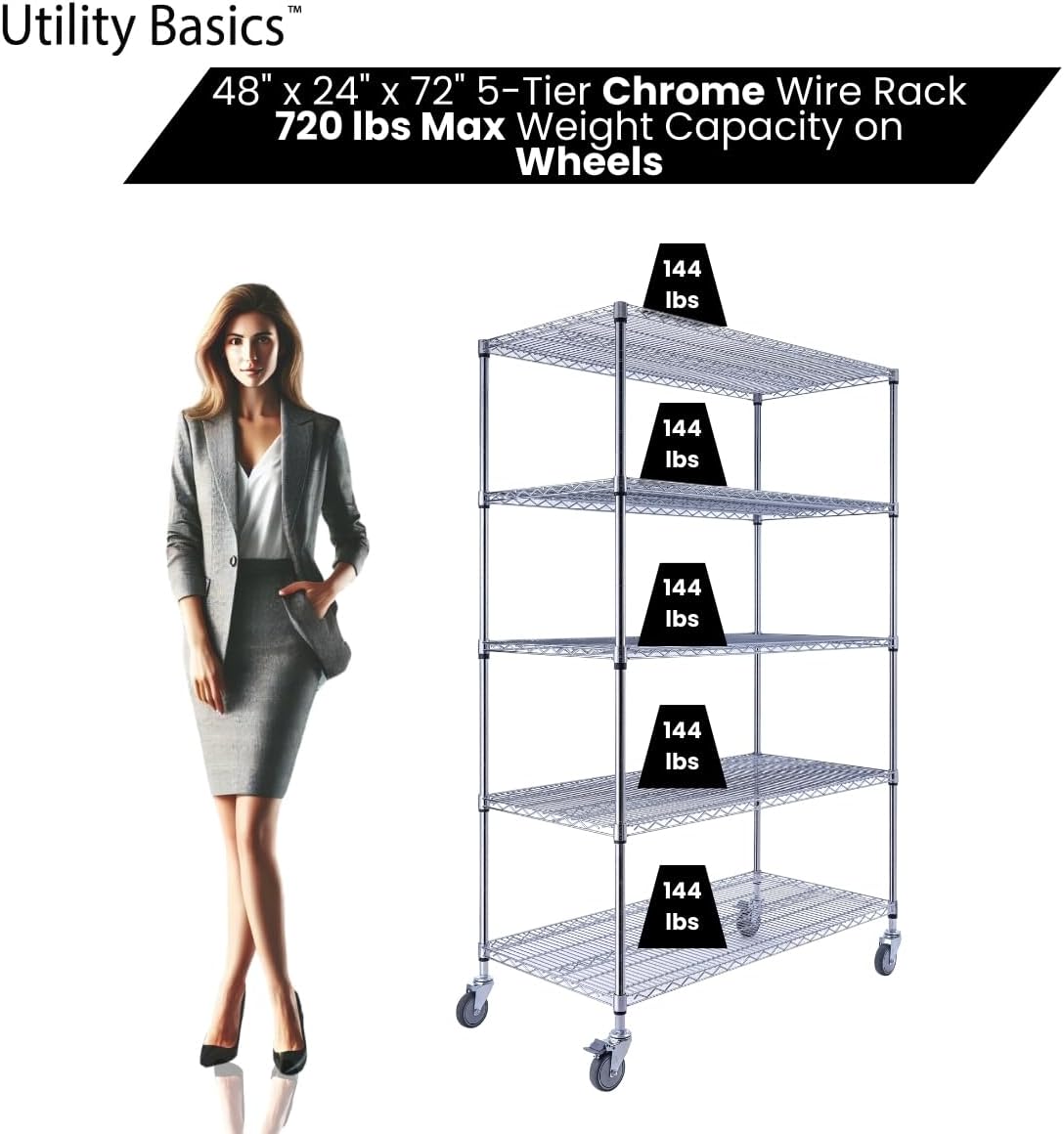 48"x24"x72" Chrome 5-Tier PREMIUM Wire Shelving NSF 4000 LBS MAX CAPACITY Heavy Duty Steel Storage