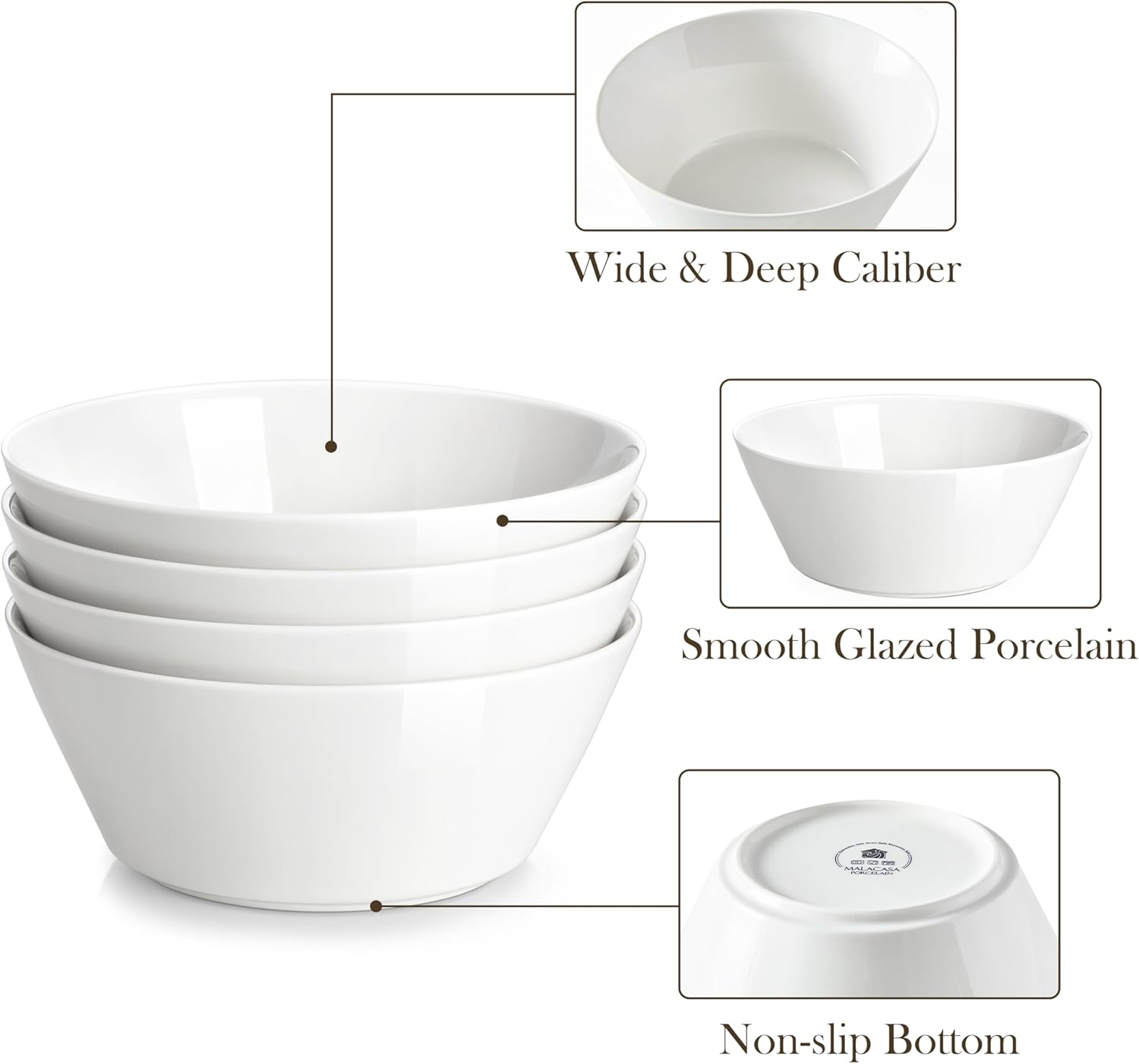 MALACASA 35 OZ Soup Bowls, White Porcelain Bowls Set of 4, Deep Bowls for Kitchen, Large Ceramic