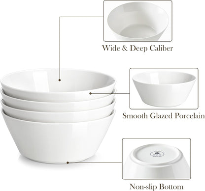 MALACASA 35 OZ Soup Bowls, White Porcelain Bowls Set of 4, Deep Bowls for Kitchen, Large Ceramic