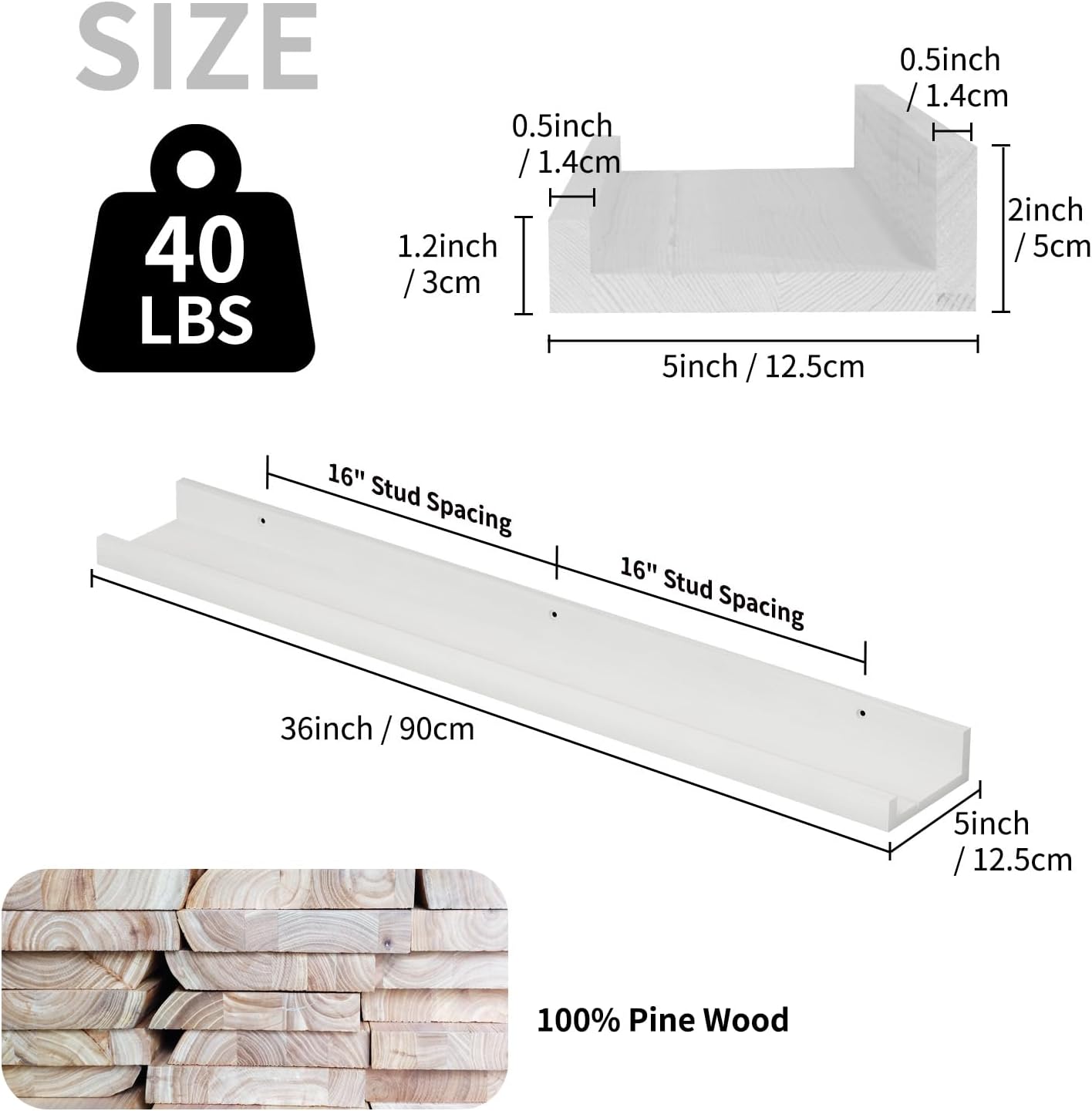 SAUMONIERES Picture Ledge Shelf Floating Book Shelves Set of 2 Wall Mounted Solid Wood for Bedroom