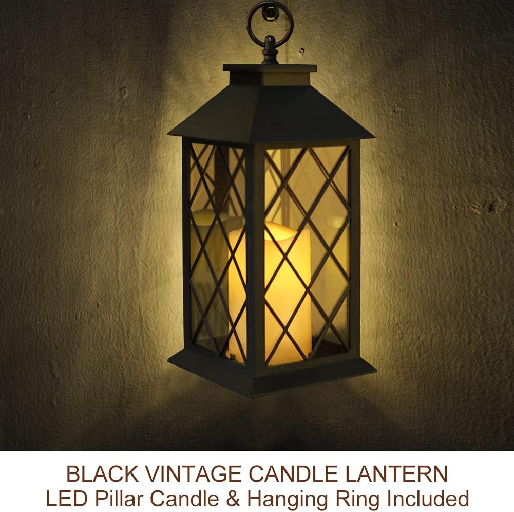 Bright Zeal 13.5" Black Vintage Candle Lantern with LED Pillar Candle and Timer - IP44 Waterproof