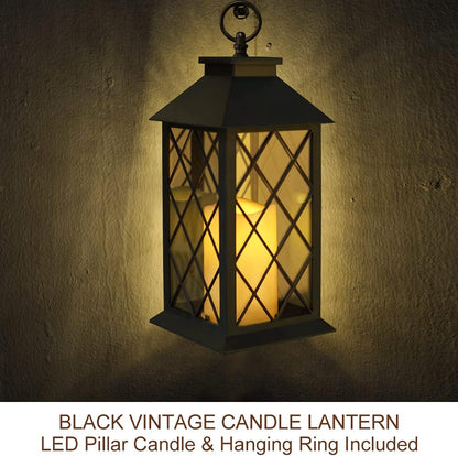 Bright Zeal 13.5" Black Vintage Candle Lantern with LED Pillar Candle and Timer - IP44 Waterproof