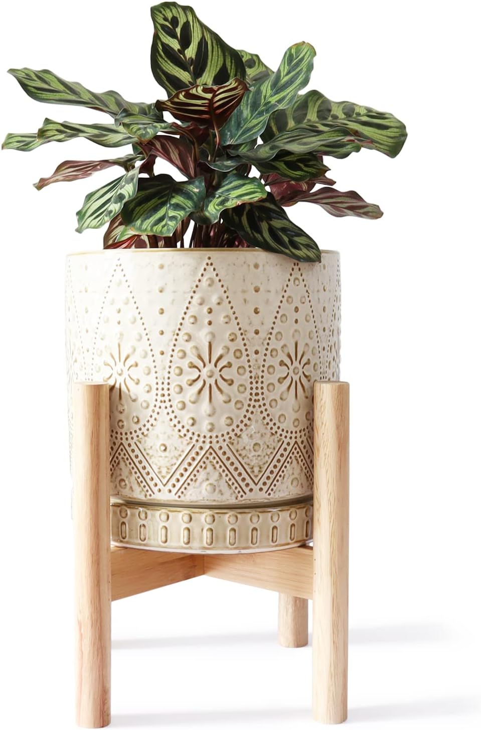8 Inch Plant Pot with Stand, Ceramic Planter with Drainage Holes, Saucers and Mesh Pads for