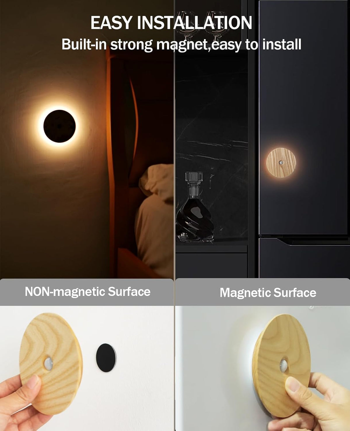 Motion Sensor Night Light Wood Rechargeable Battery-Powered Stick-On Step Lights Magnetic Closet