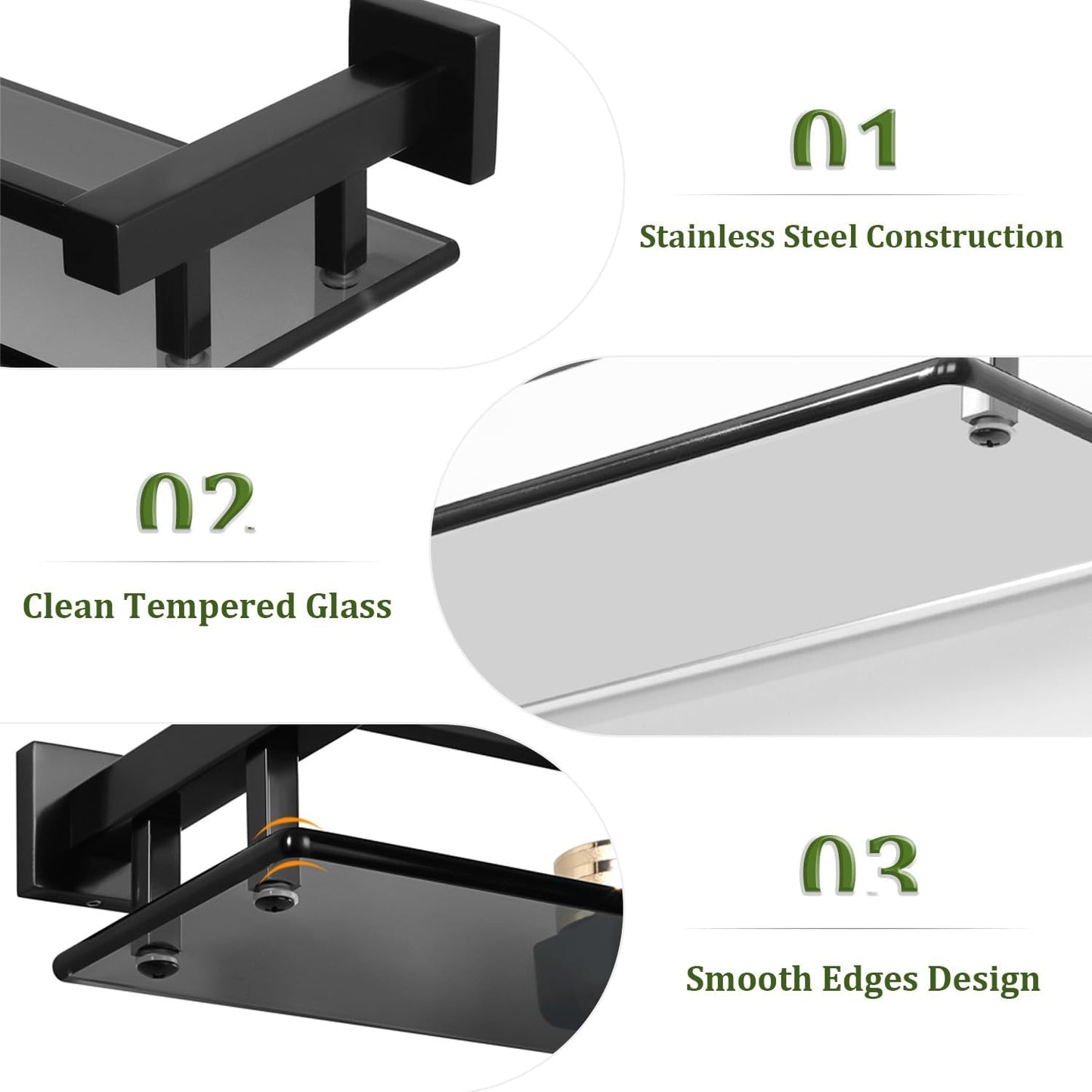 Alise Glass Shelves for Bathroom Wall, Tempered Glass Bathroom Shelf Wall Mounted, Modern Space