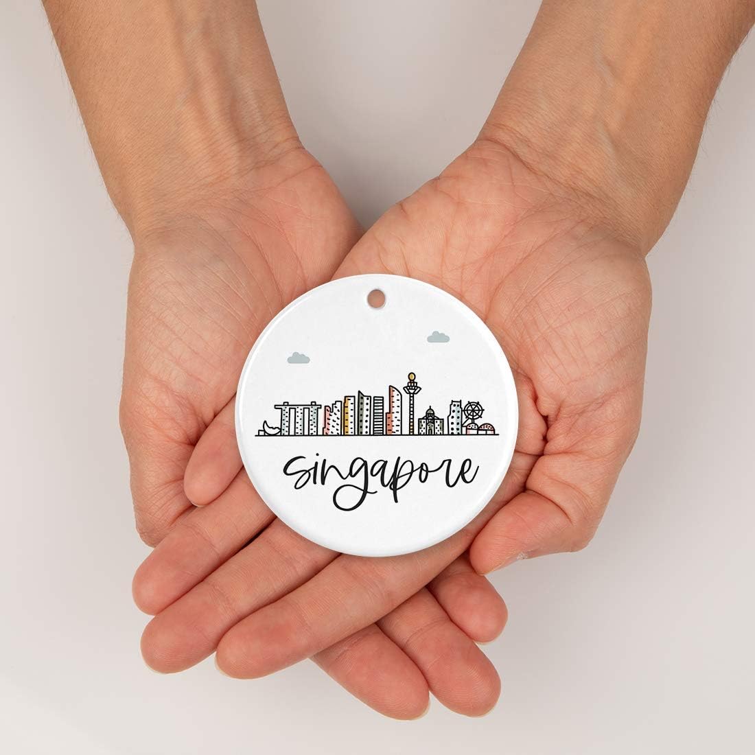 Andaz Press Round Ceramic Porcelain Christmas Tree Ornament Keepsake Gift, Singapore, Colorful