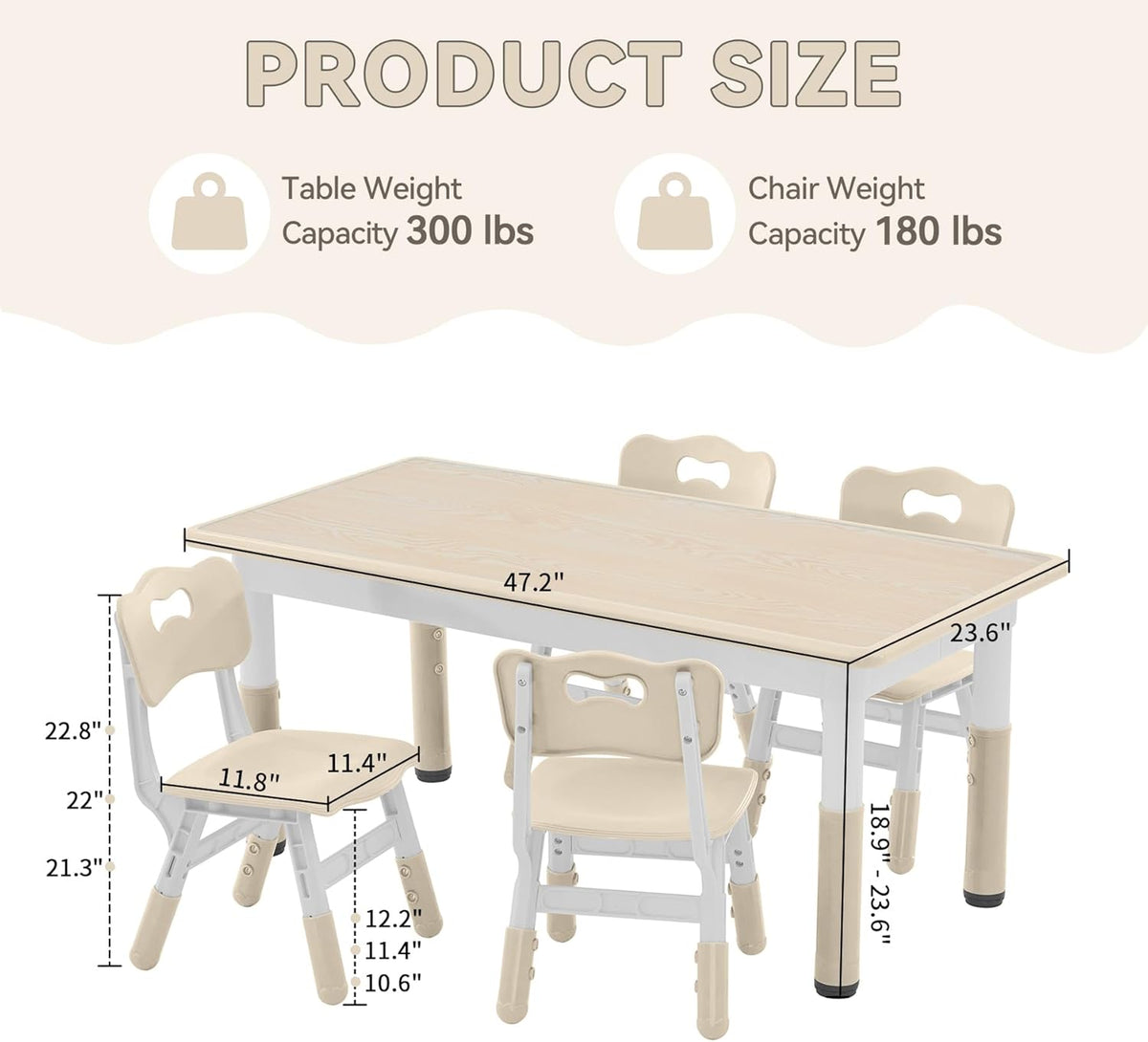 Kids Study Table and Chairs Set, Height Adjustable Toddler Table and Chair Set for Kids Ages 3-8