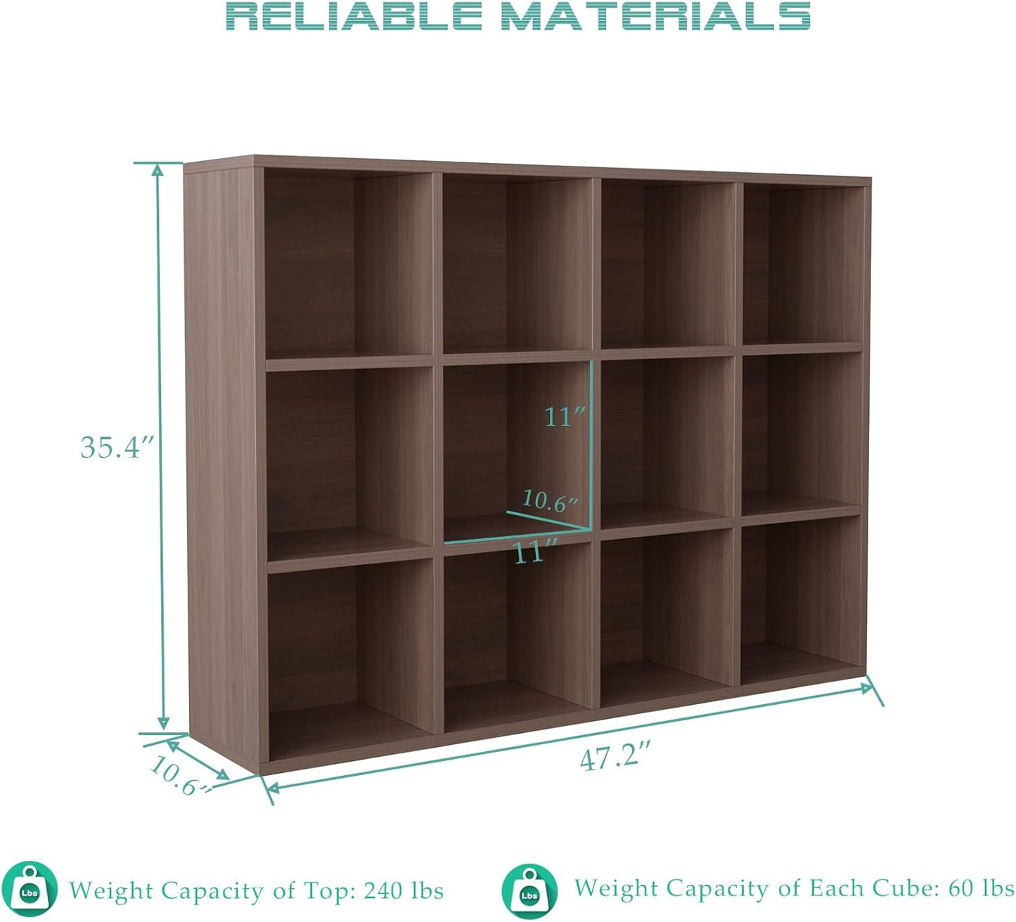 12-Cube Storage Shelf Bookcase - Wooden 3-Tier Floor Standing Open Bookshelf for Home and Office