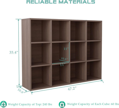 12-Cube Storage Shelf Bookcase - Wooden 3-Tier Floor Standing Open Bookshelf for Home and Office