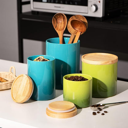 Sweejar Ceramic Food Storage Jar, Stackable Kitchen Canisters, Containers with Airtight Seal Wooden
