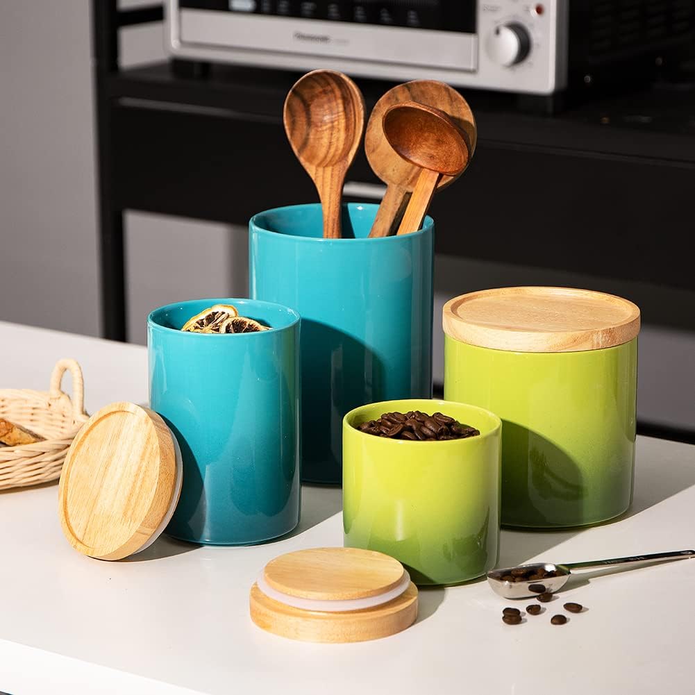 Sweejar Ceramic Food Storage Jar, Stackable Kitchen Canisters, Containers with Airtight Seal Wooden