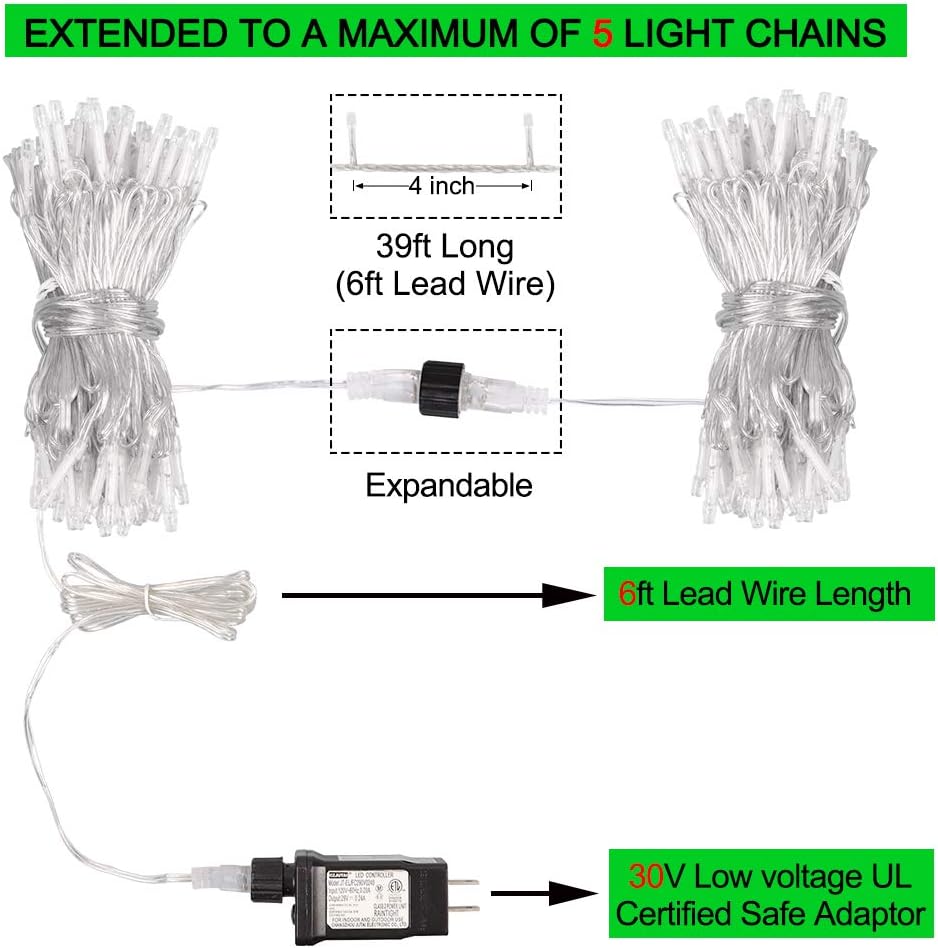 33FT 100 LEDs String Lights Waterproof Fairy Lights 8 Modes with Memory 30V UL Certified Power