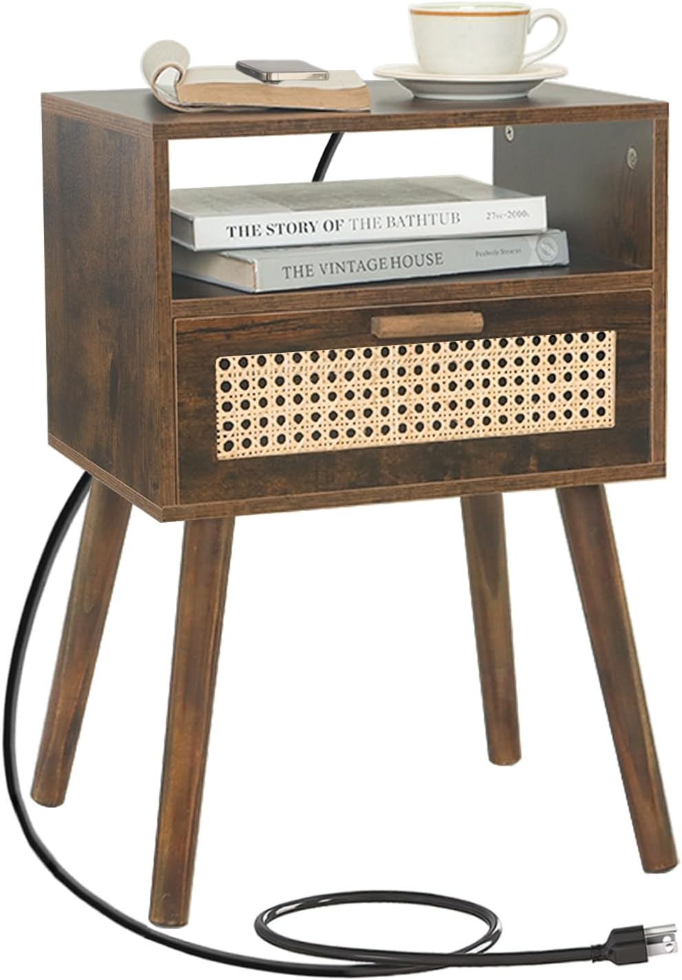 MaxSmeo Small Nightstand with Charging Station, Rattan Side Table Mid Century Modern Bedside Table