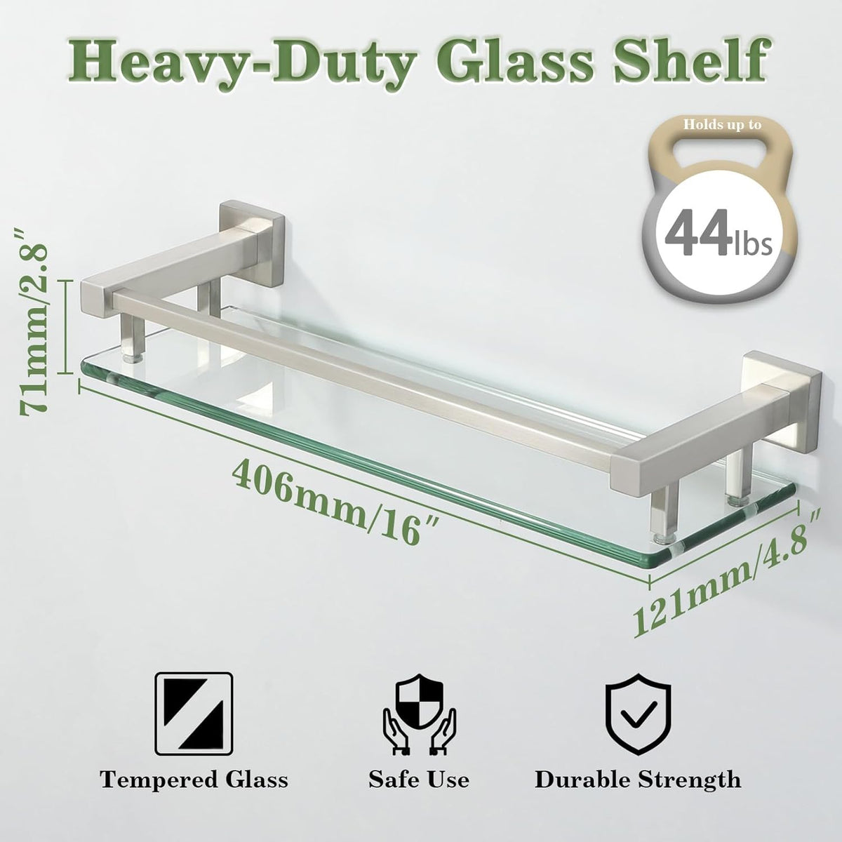 Alise Bathroom Glass Shelf with Stainless Steel Railing, Brushed Nickel Small Tempered Glass