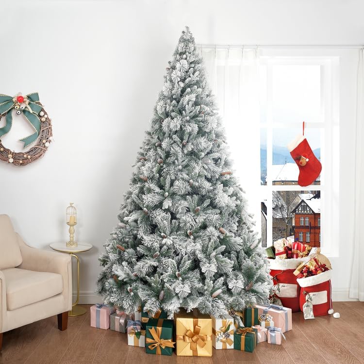 Naomi Home 7.5ft Snow Flocked Christmas Tree with Lights,Realistic Frosted Pine Prelit with Pine