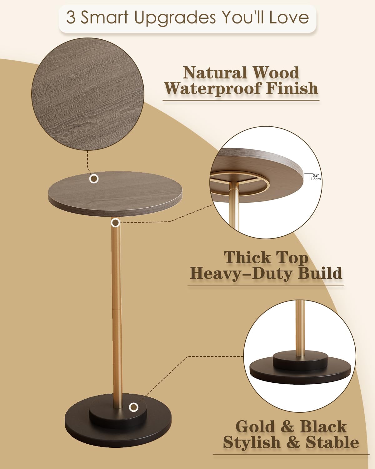 Masupu Drink Table, Round Side Table for Small Spaces, Pedestal Side Table, Small End Table with