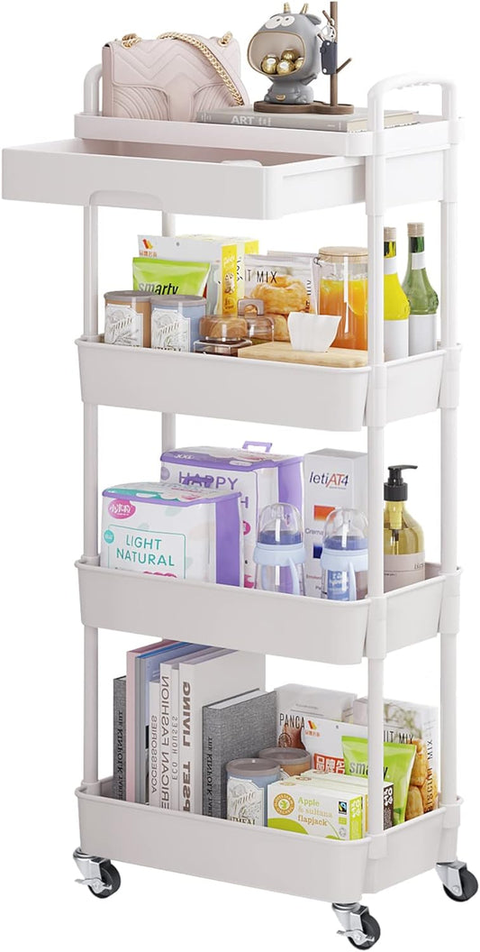 Calmootey 4-Tier Rolling Utility Cart with Drawer,Multifunctional Storage Organizer with Plastic