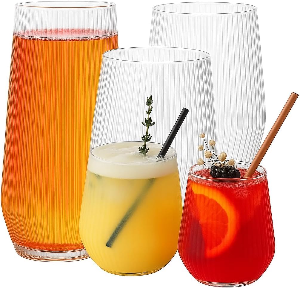 24 Pack Ribbed Origami Ripple Plastic Glasses, 12-9 Ounce Stemless Champagne Flutes & 12-12 Ounce