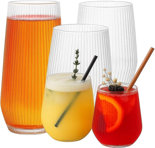 24 Pack Ribbed Origami Ripple Plastic Glasses, 12-9 Ounce Stemless Champagne Flutes & 12-12 Ounce