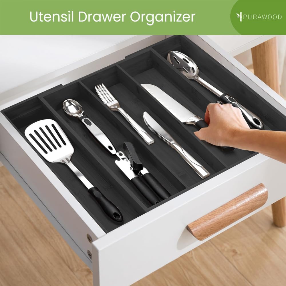 Purawood Kitchen Drawer Organizer - Expandable Utensil Organizer for Kitchen, Cutlery Tray &