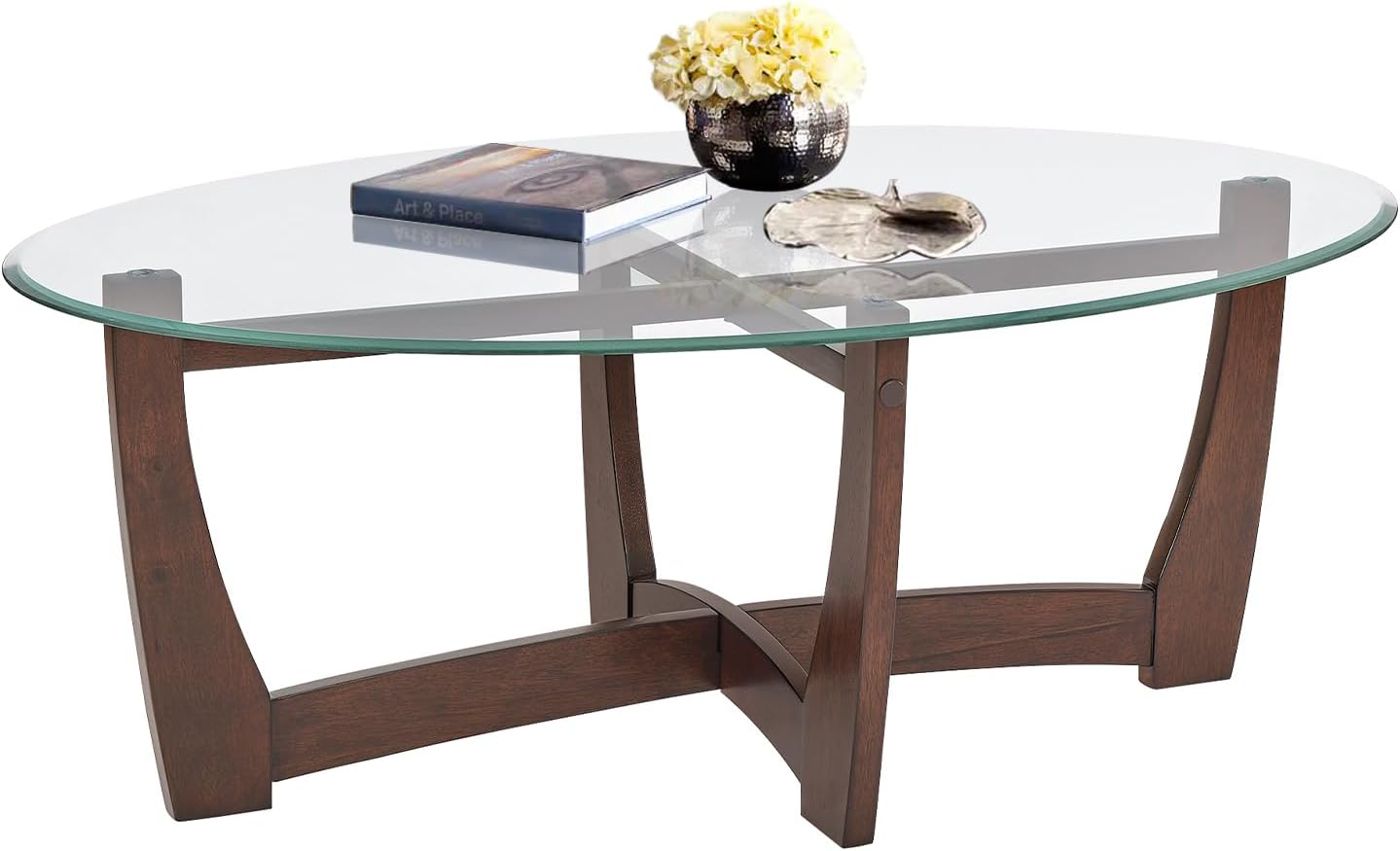 48" Oval Glass Coffee Table with Tempered Glass Top Cross and Solid Wood Base Simple & Modern