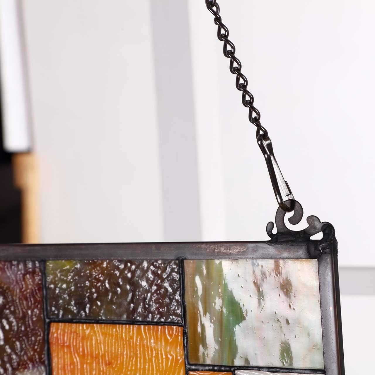 Bieye Geometric Color Block Tiffany Style Stained Glass Window Panel with Hanging Chain (13x24