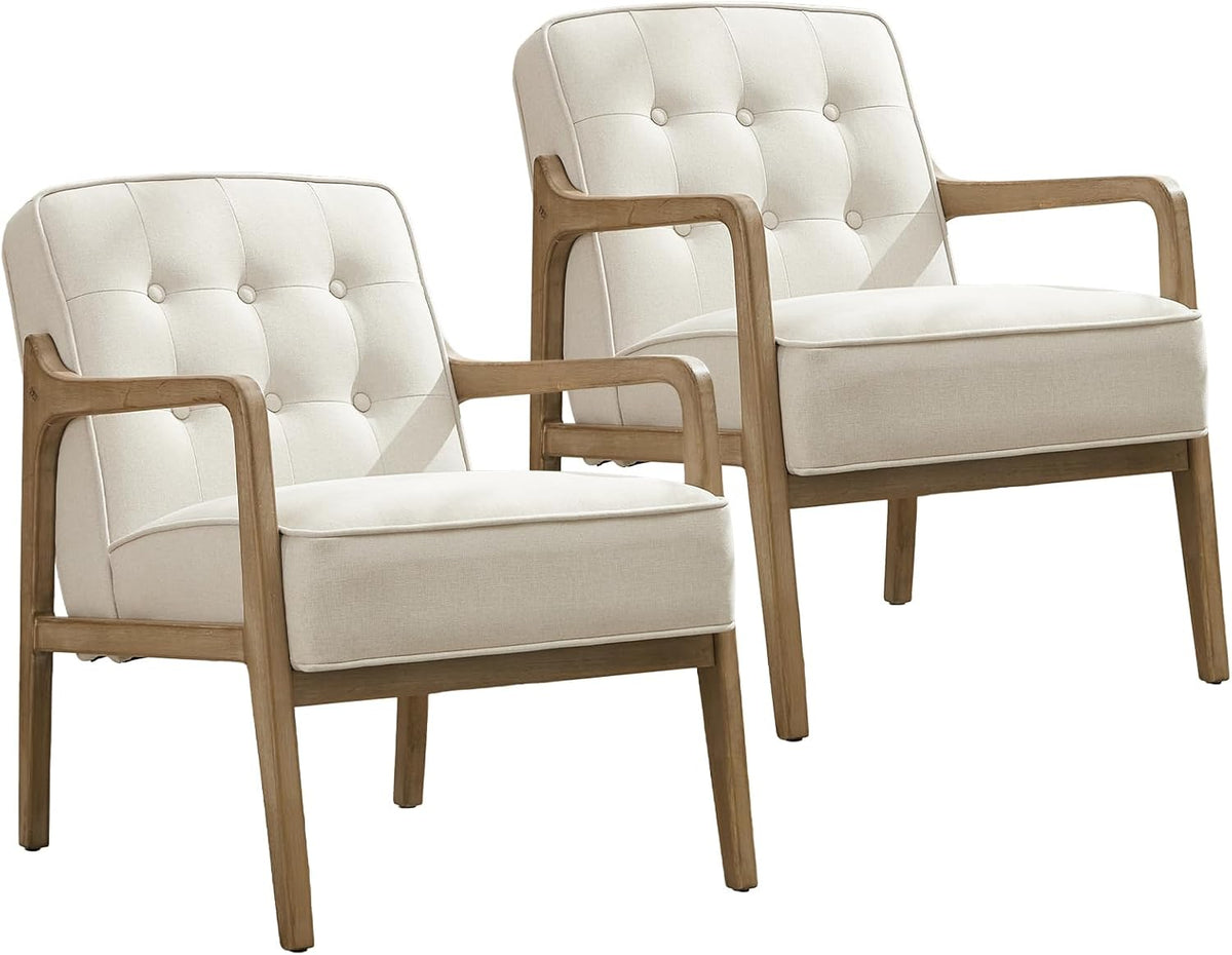 Linen Accent Chair Set of 2, Mid Century Modern Chair for Living Room, Upholstered Comfy Lounge
