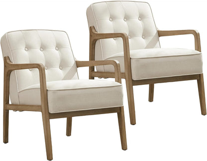 Linen Accent Chair Set of 2, Mid Century Modern Chair for Living Room, Upholstered Comfy Lounge