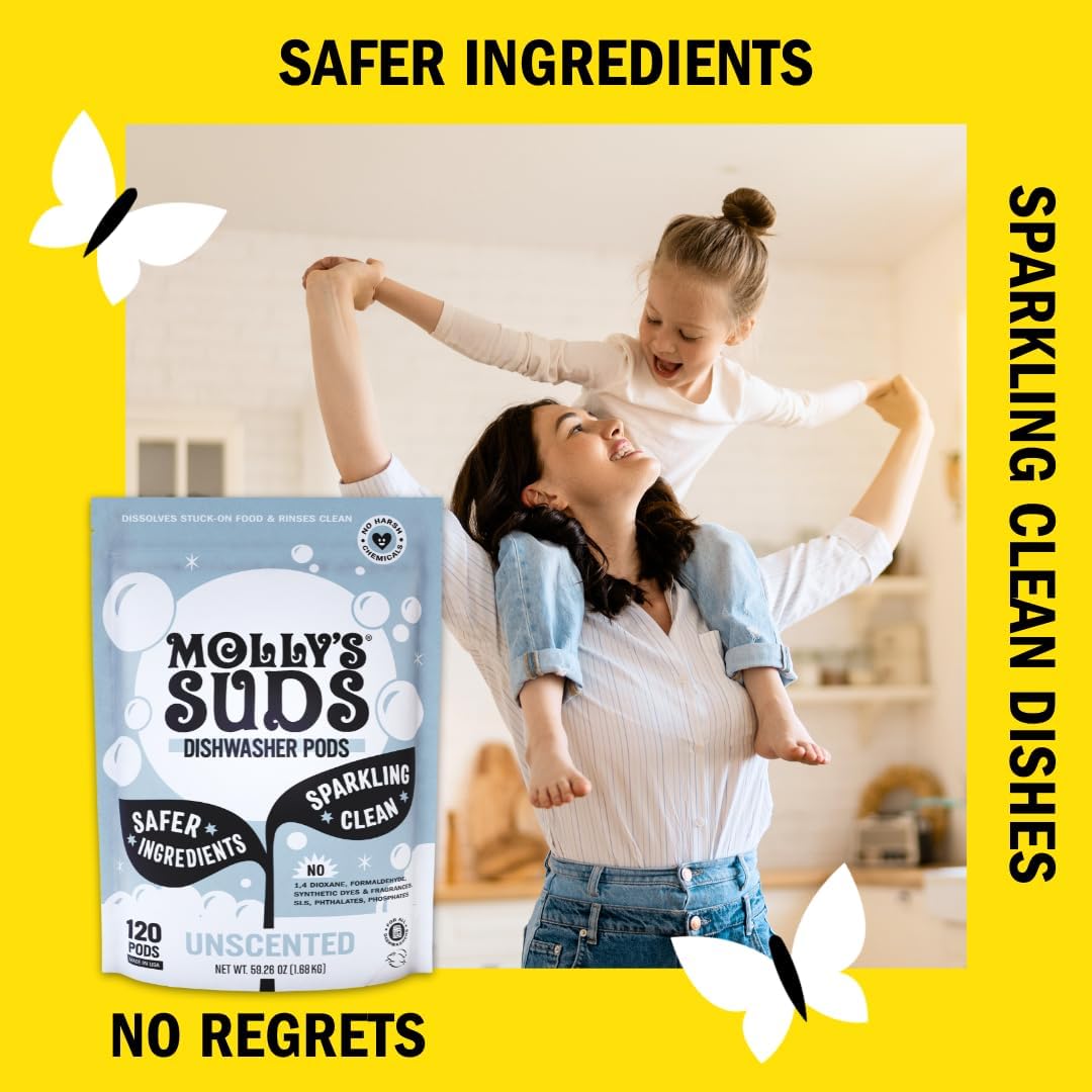 Molly's Suds Dishwasher Pods | Clean Dishwasher Detergent, Cuts Grease & Rinses Clean