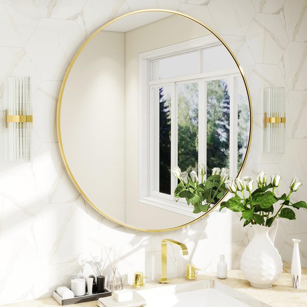 BEAUTYPEAK 20 Inch Round Mirror, Metal Frame Circle Mirror, Wall Mounted for Entryway, Bathroom