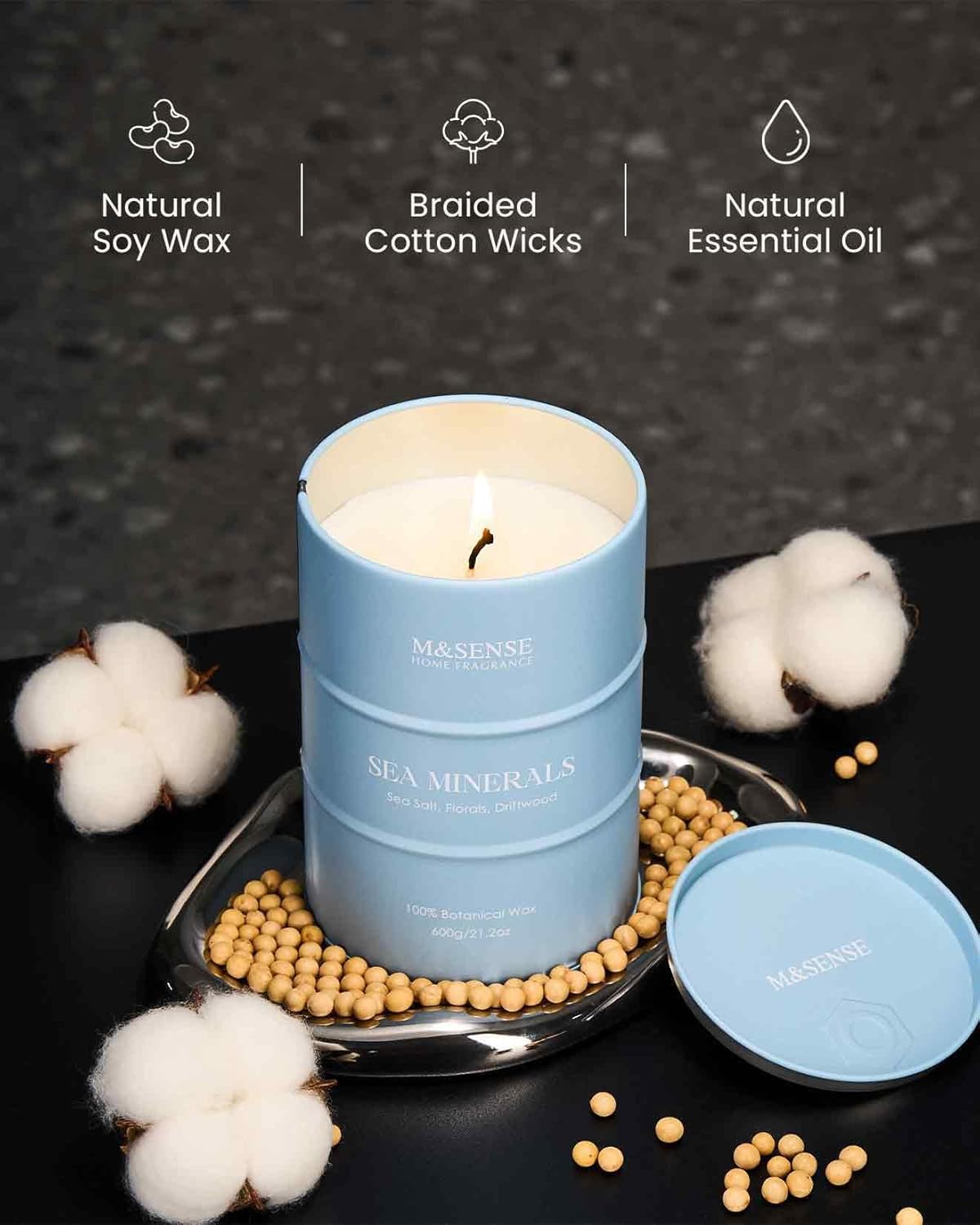 M&SENSE Sea Minerals Scented Candles Ocean Large, Natural Soy Candles 21.2oz 120 Hour Slow