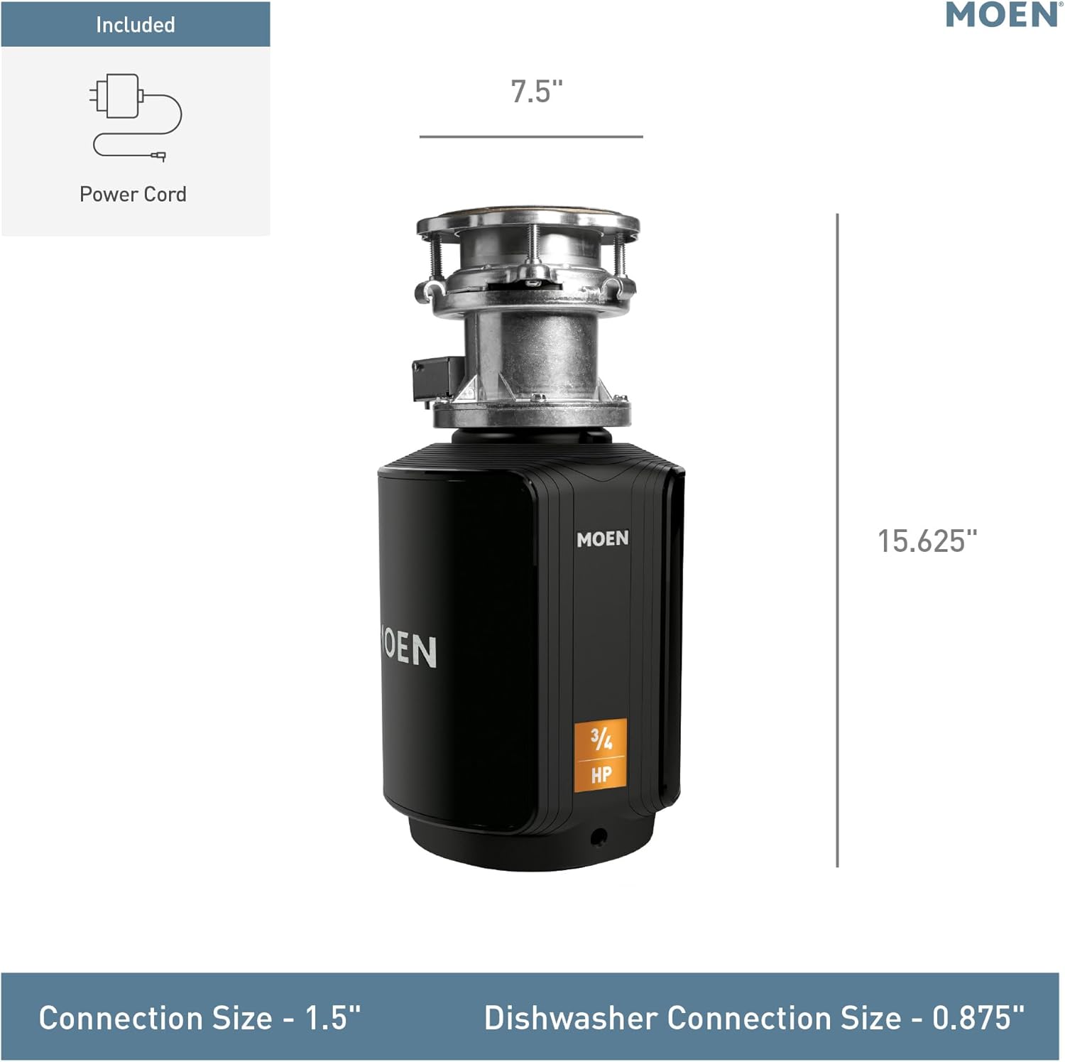 Moen Host Series Garbage Disposal for Kitchen Sink with Power Cord, Control Activation, Sound