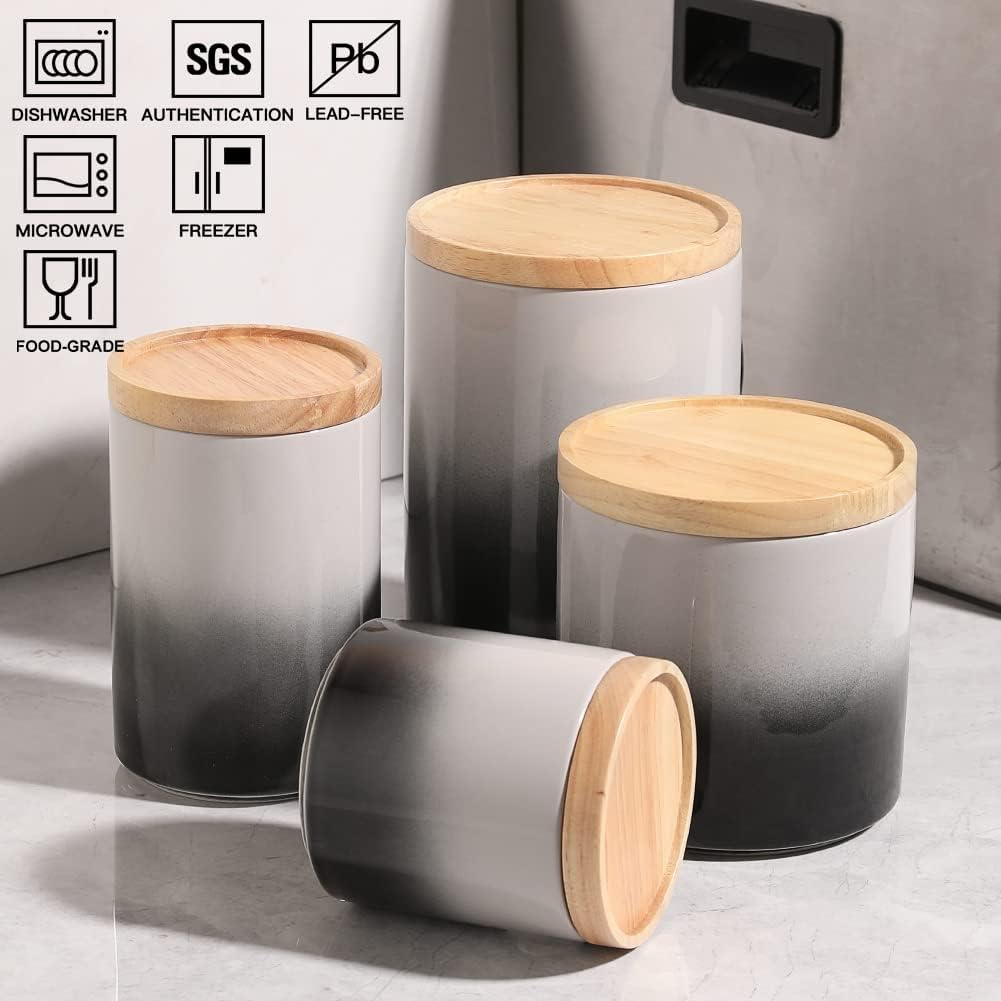 Sweejar Ceramic Food Storage Jar, Stackable Kitchen Canisters, Containers with Airtight Seal Wooden