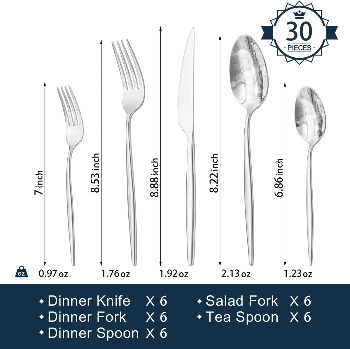 KINGSTONE Silverware Set, 30-Piece Flatware Set Cutlery Set Premium 18/10 Stainless Steel