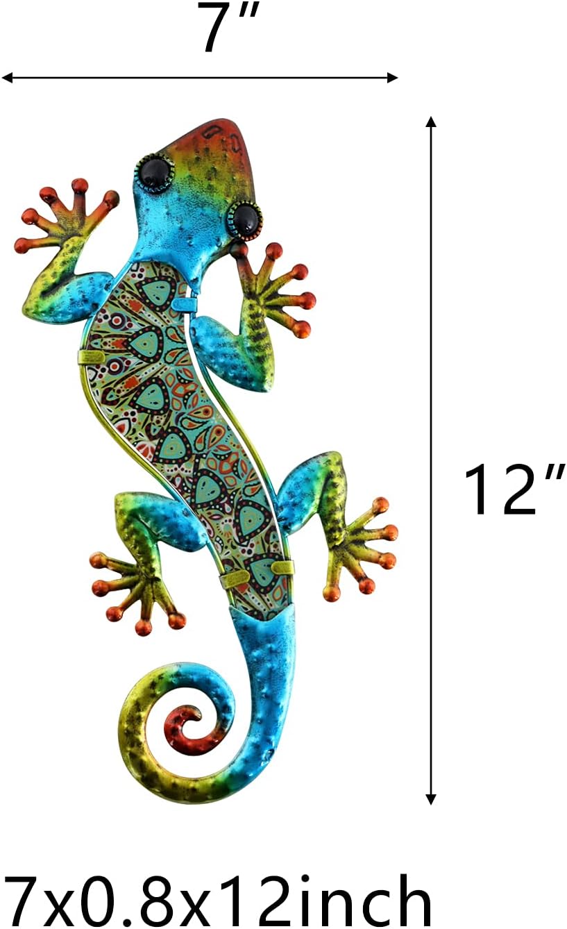 HONGLAND 2Pcs Metal Gecko Wall Decor Lizard Garden Art Color Hanging Glass Sculpture for Indoor
