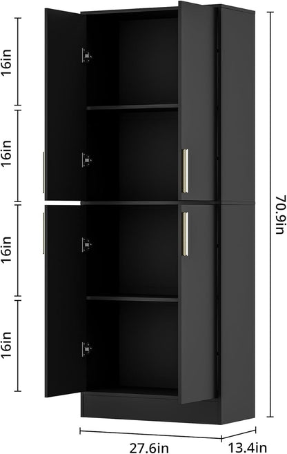 71" Tall Pantry Cabinet, 4 Doors Kitchen Pantry Storage Cabinet, Freestanding Larder Cupboard