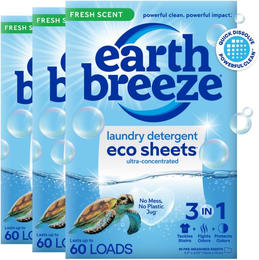 Earth Breeze Laundry Detergent Sheets Fresh Scent - 180 Loads Eco Liquidless Soap - Travel-Friendly