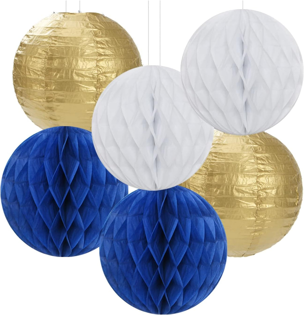 Navy-Blue White Gold Party Decorations - 14pcs Kits Paper Lanterns Fan,Tissue Flower Pom Poms
