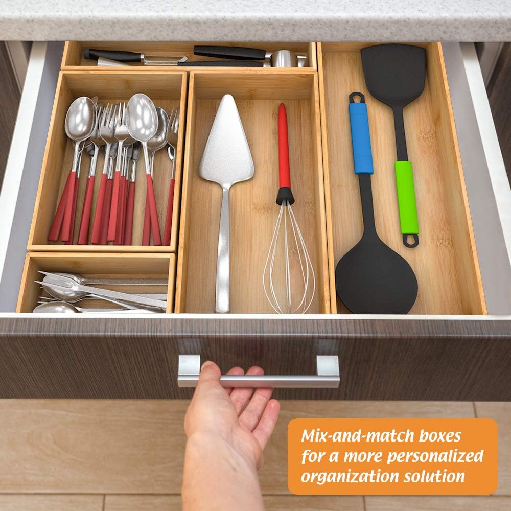 Bamboo Kitchen Drawer Organizer, Wooden Storage Box for Utensil Organizer Silverware Tray Cutlery