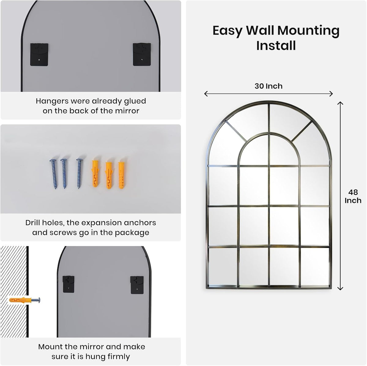 Arched Windowpane Wall Mirror 30"x48" Bronze Wall Mounted Art Pane Mirror Farmhouse Decorative
