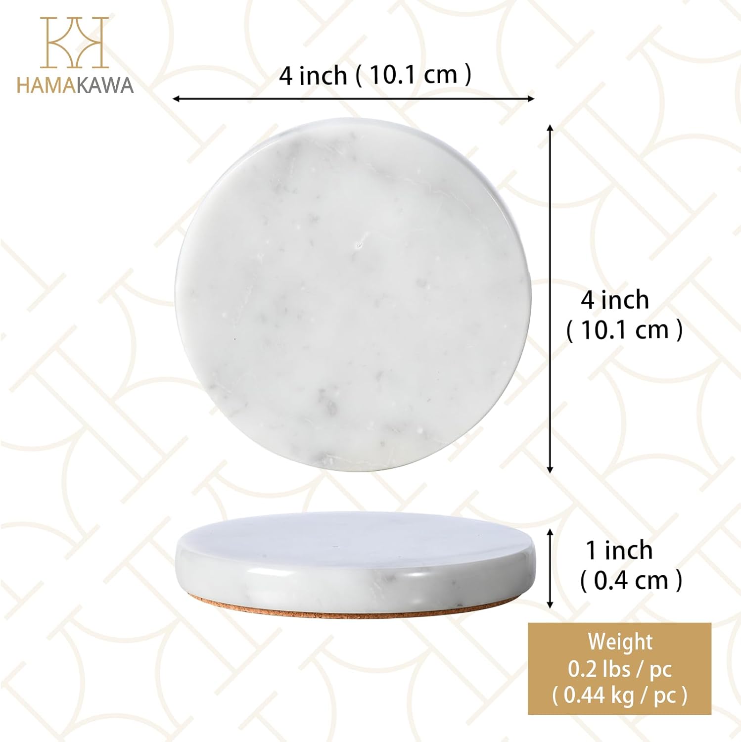 Real Natural Marble Coasters Set of 4, Carrara White Limestone 4 Inch/10 cm, Modern Round Stone