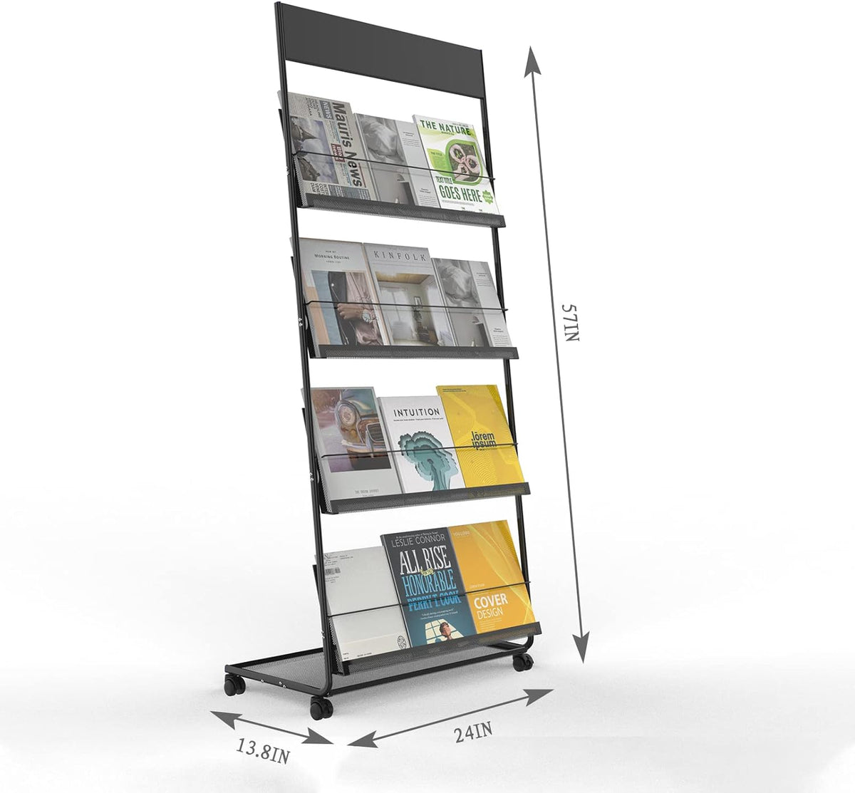 TONGMO Magazine Rack: Floor-Standing 4-Layer with Wheels, Brochure Display Stand, High-hardness