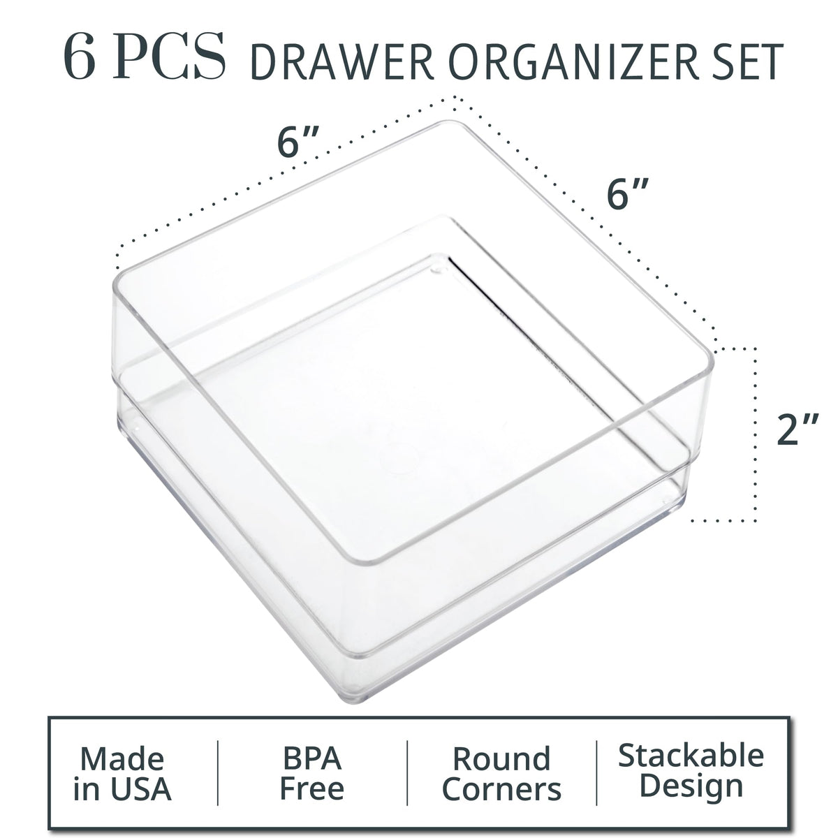 STORi SimpleSort 6-Piece Stackable Clear Drawer Organizer Set | 6" x 6" x 2" Square Trays | Small