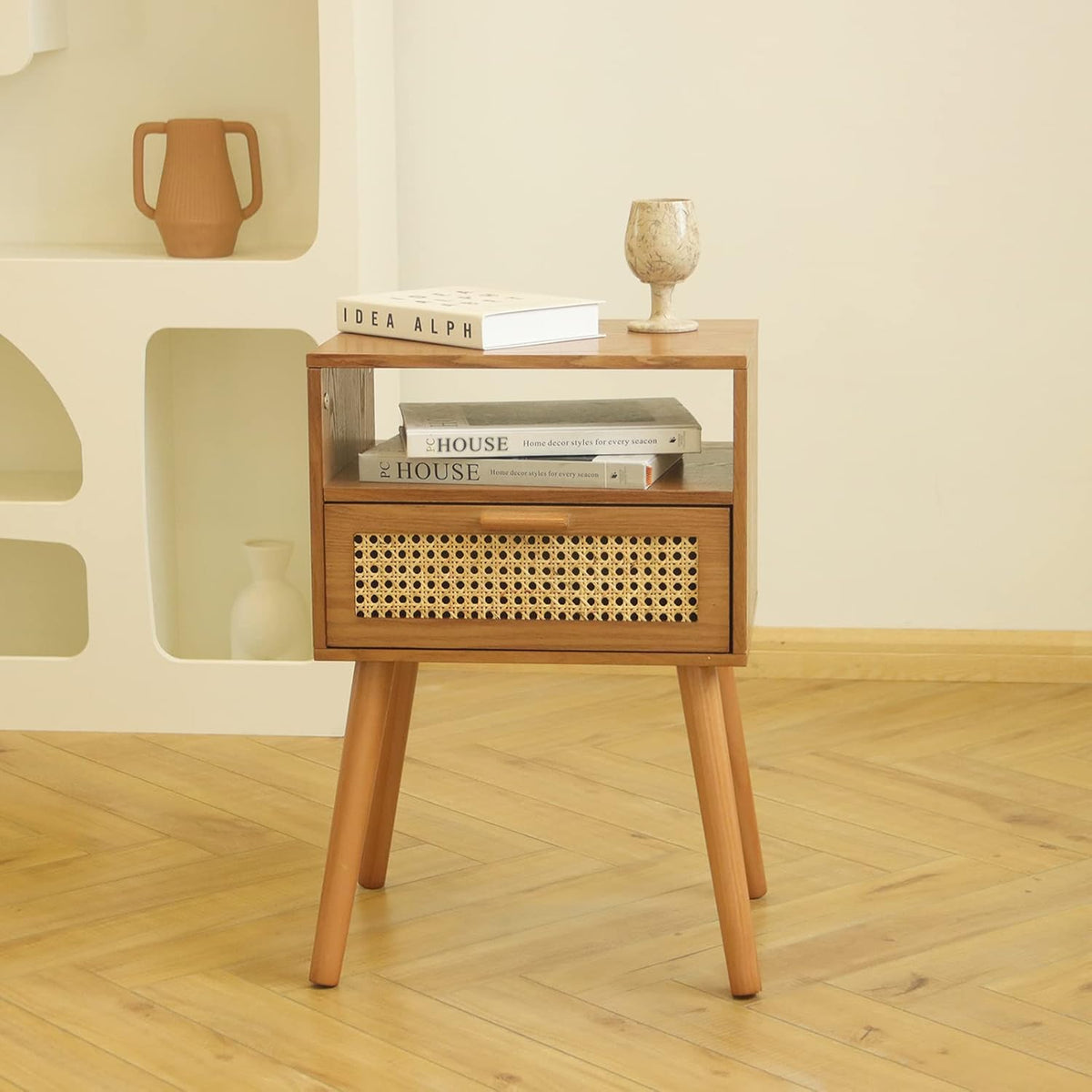 MaxSmeo Mid Century Modern Nightstand with Charging Station, Bedside Tables with Rattan Drawer